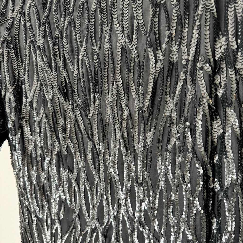 Vintage Stenay Black Sequin Dress Size 4 Shoulder Pads 100% Silk Beaded 1980s - Picture 3 of 14
